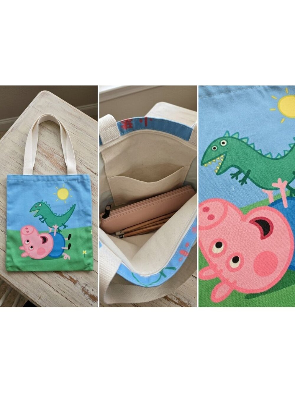 Peppa Pig George Dinosaur Blue Green Canvas Tote Bag